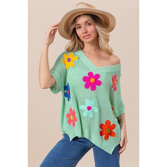 BiBi Flower Patches Dolman Sleeves V-Neck Lightweight Relaxed Fit Sweater | Sage - Picture 6 of 8
